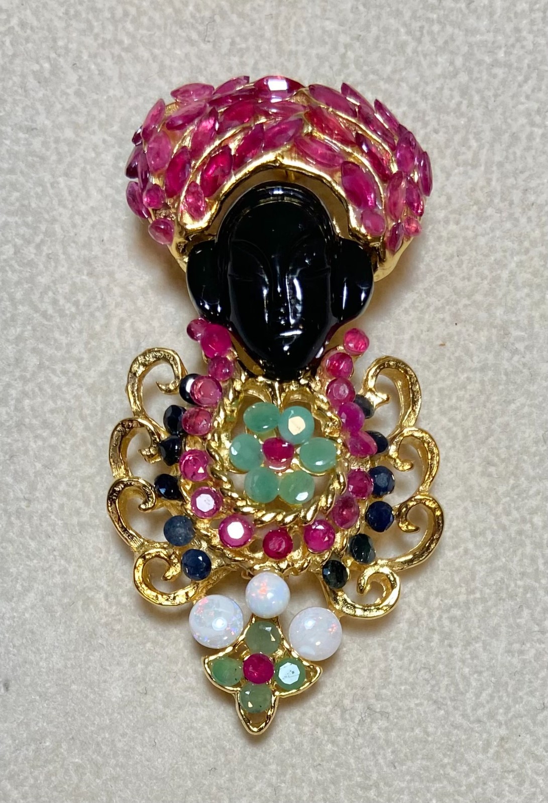 AUTHENTIC SWOBODA BLACKAMOOR BROOCH ~ GENUINE RUBY, SAPPHIRE, EMERALD, OPAL!