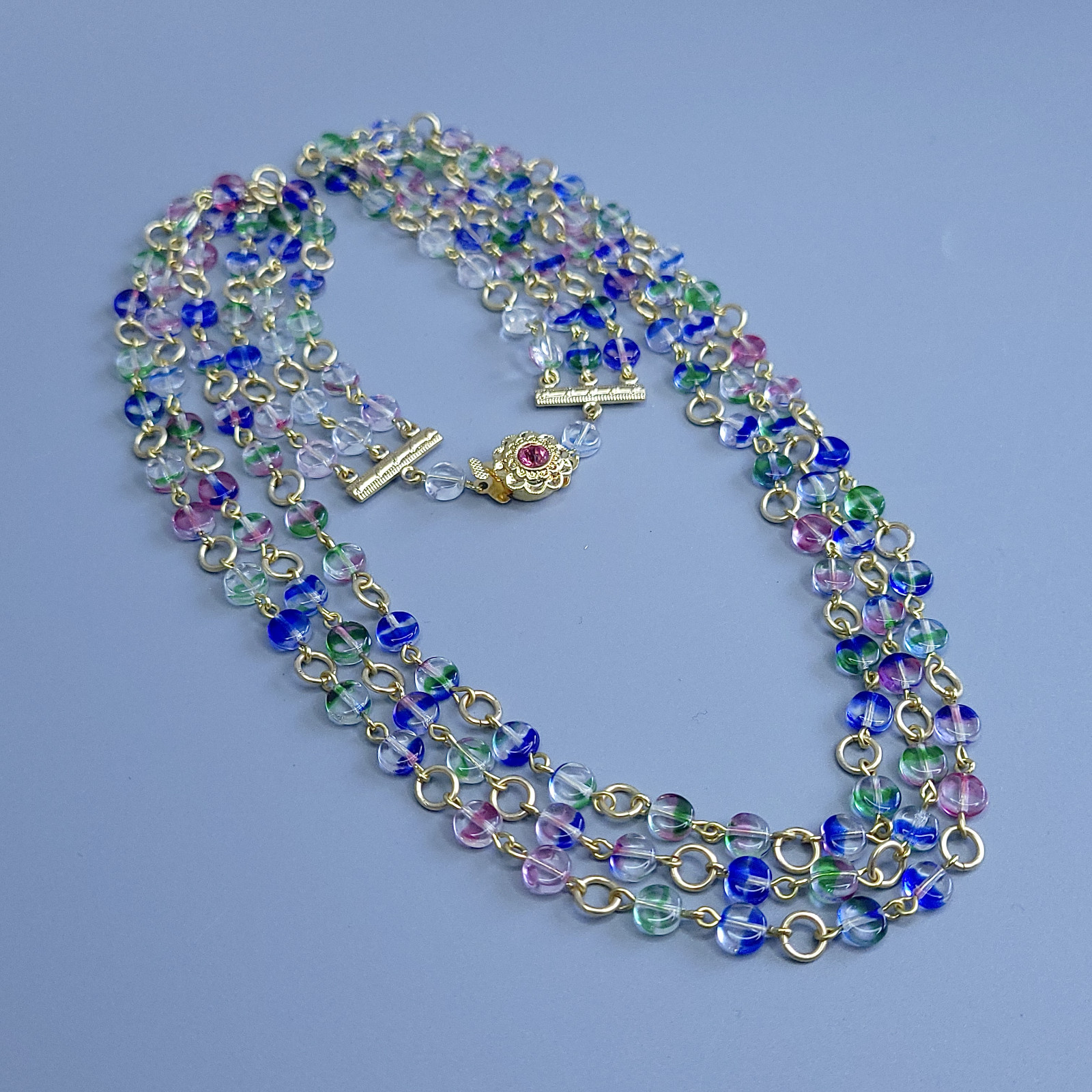 Iris Glass Necklace 22” Multicolor Czech Vintage Beads Women`s Jewelry