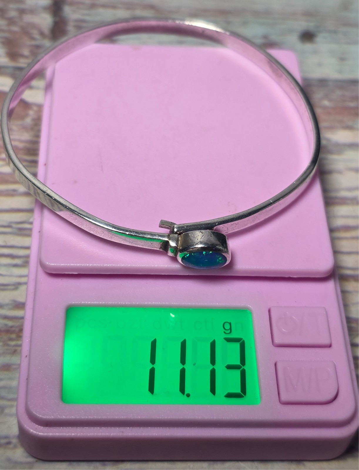 Mexican Blue Opal Inlay .925 Bangle Bracelet 7.5