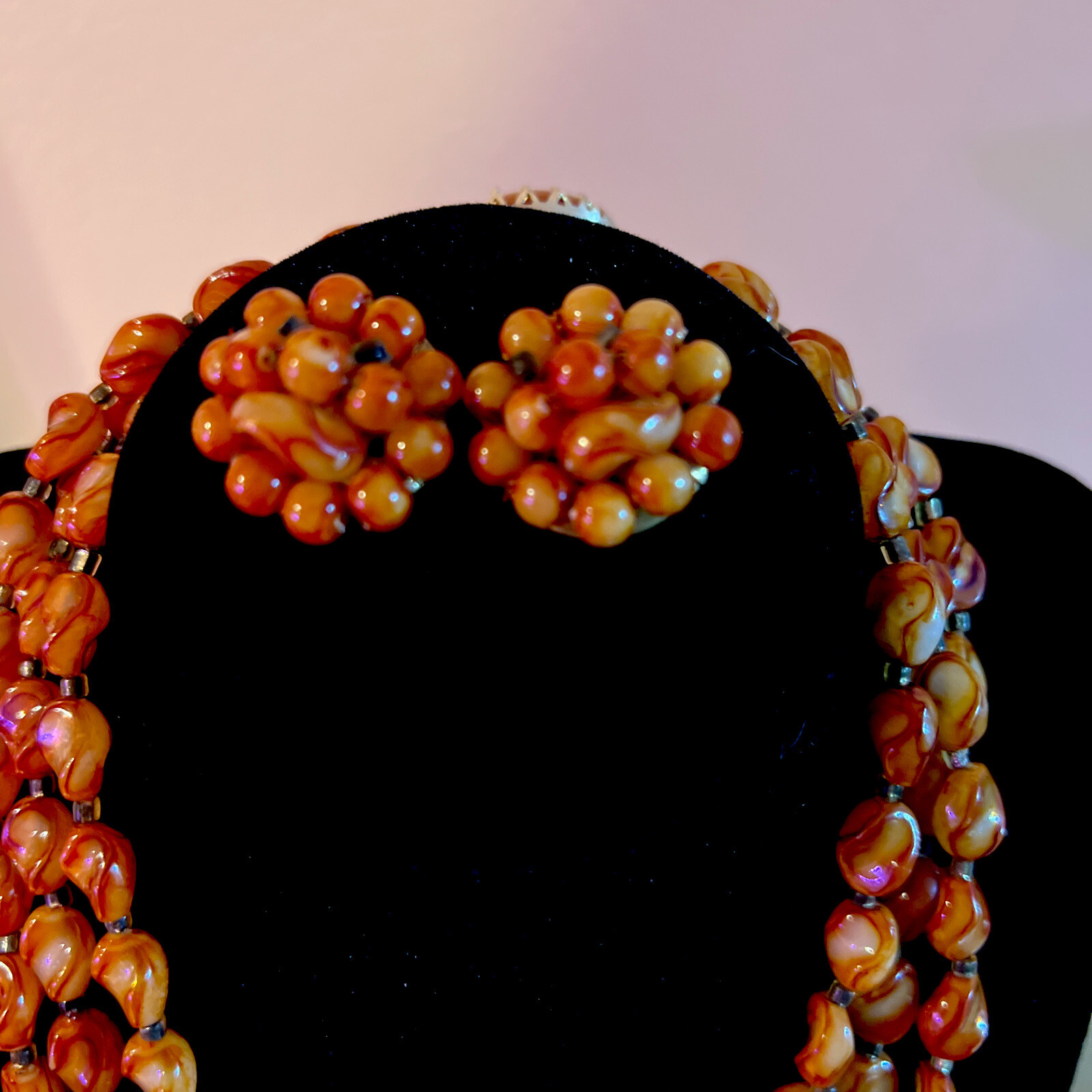 Vintage Made In Hong Kong Amber/Brown Multi Strand Necklace & Clip on Earrings