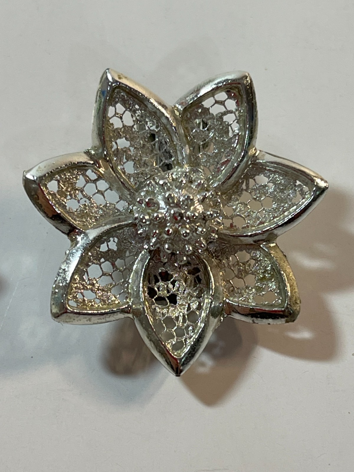 Vintage Silver Tone Filigree Flower Clip-On Earrings Floral Openwork Retro