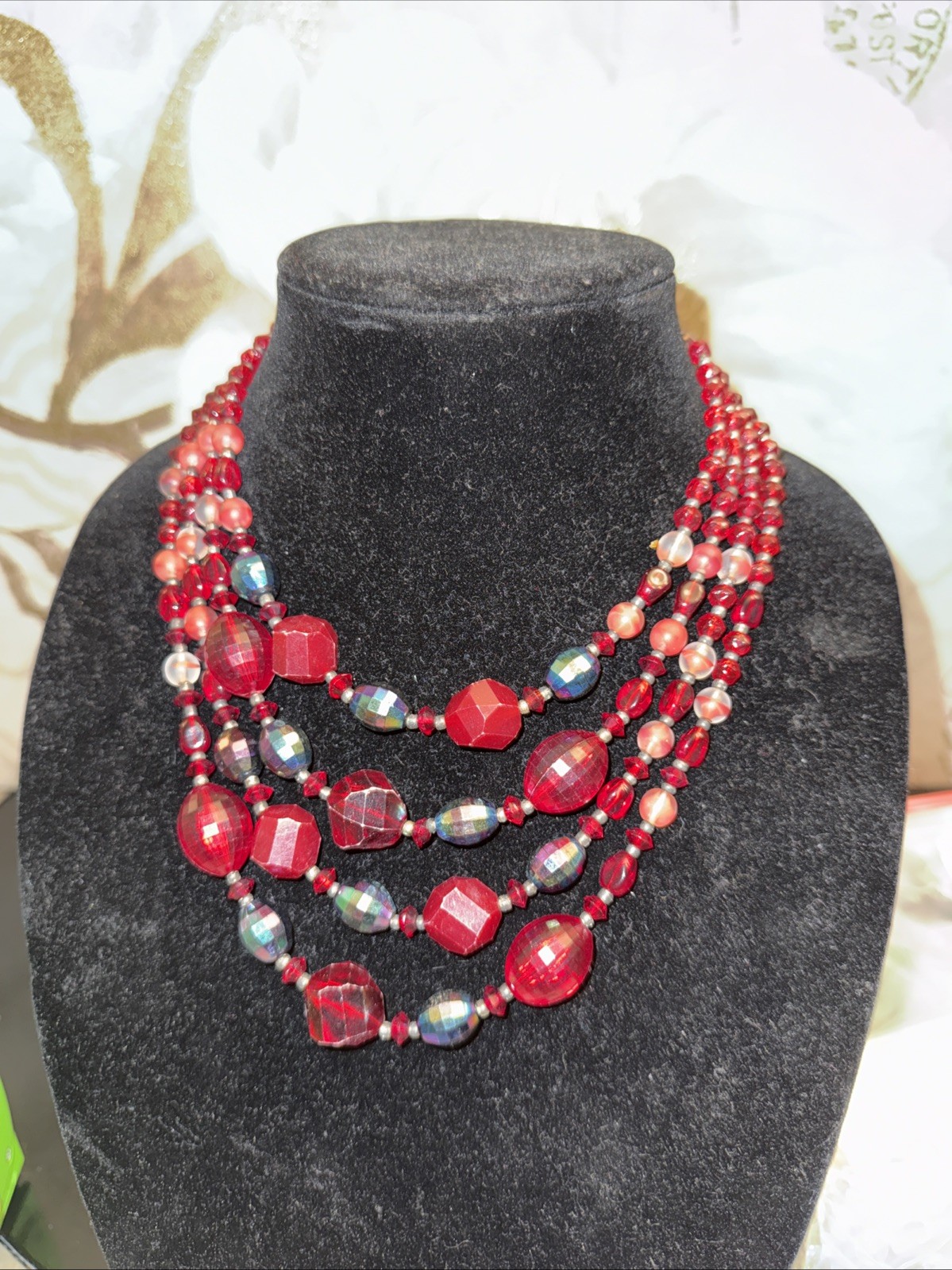 Vintage Western Germany Red/Red Iridescent 4 Stranded Beaded Necklace