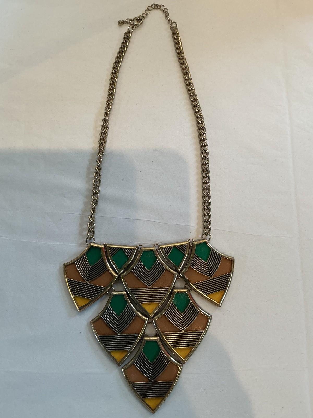 Vintage Art Deco Geometric Bib Statement NECKLACE, fan & chevronm earth tones