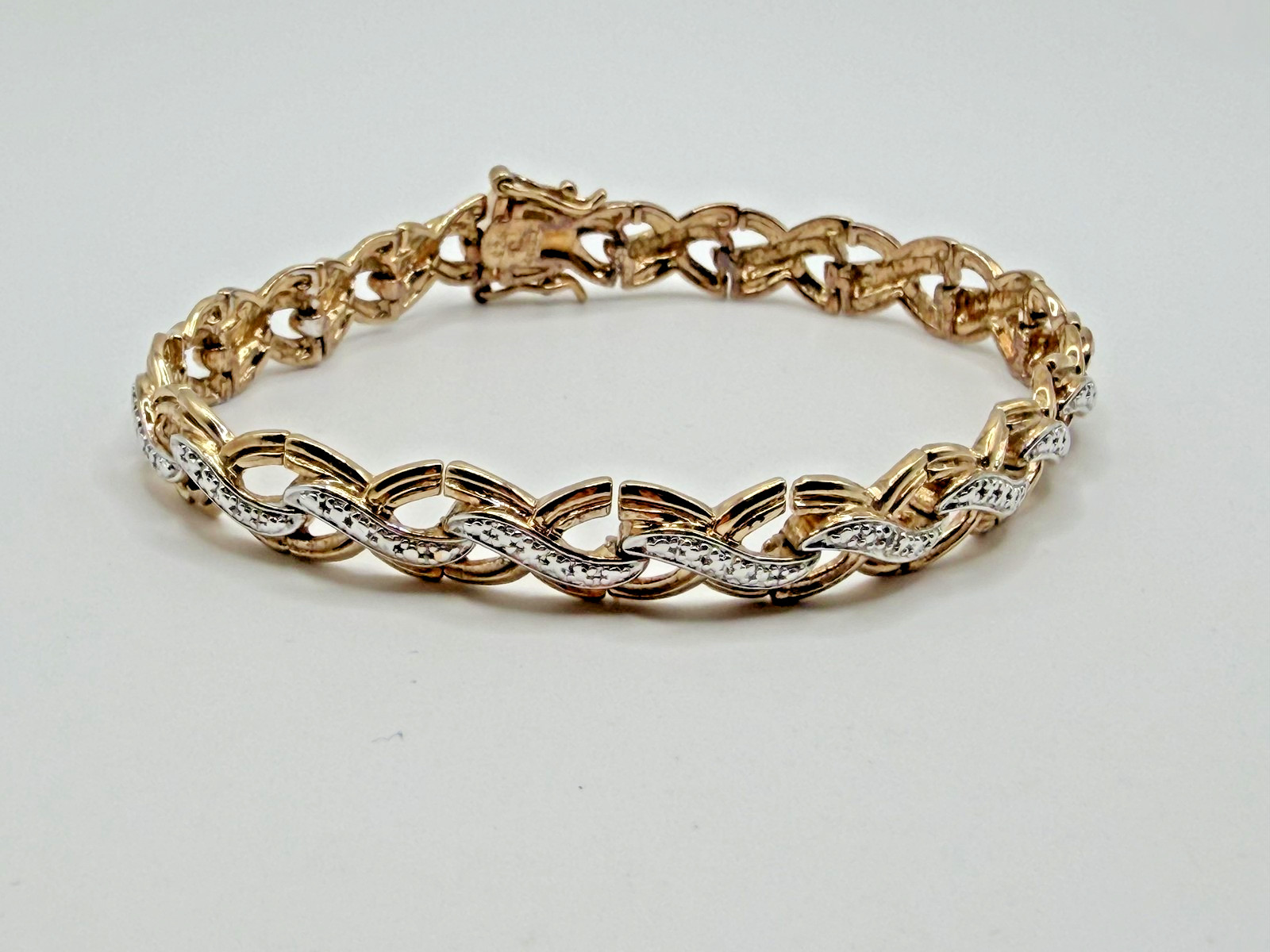 925 STERLING GOLD TWO TONE WAVE LINK BRACELET PAVE CRYSTAL ACCENTS BOX CLASP