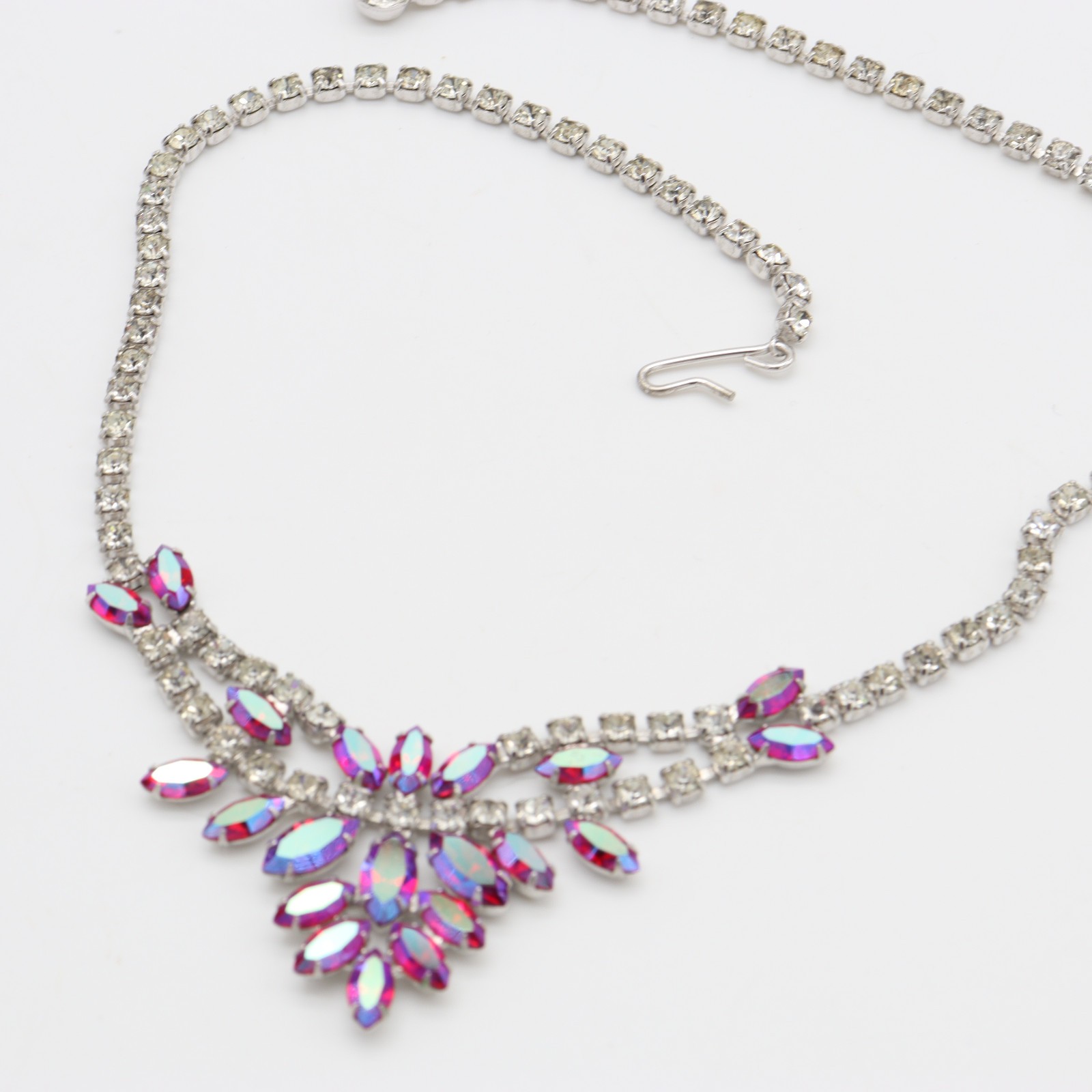 Vtg B. David Rhinestone Necklace Pink AB Red Clear Choker Signed Marquise