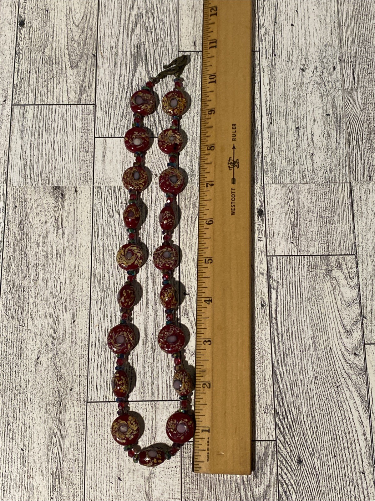 Vintage Red Millefiori Art Glass AB Iridescent Beaded Necklace Murano Style