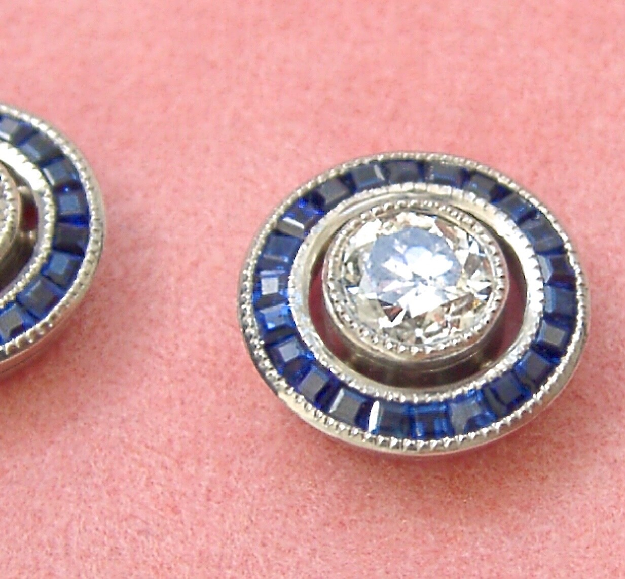 ART DECO 1.14ctw EURO FLOATING DIAMOND SAPPHIRE HALO 11mm PLATINUM STUD EARRINGS