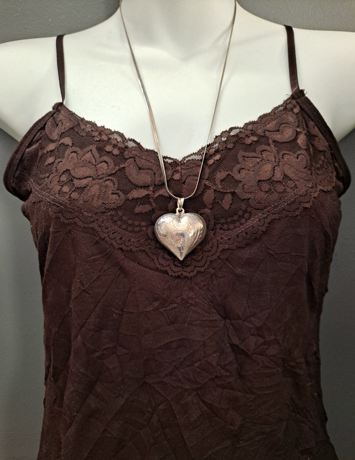 Vintage Puffy Heart Pendant Necklace Etched Design Included SS Chain 925