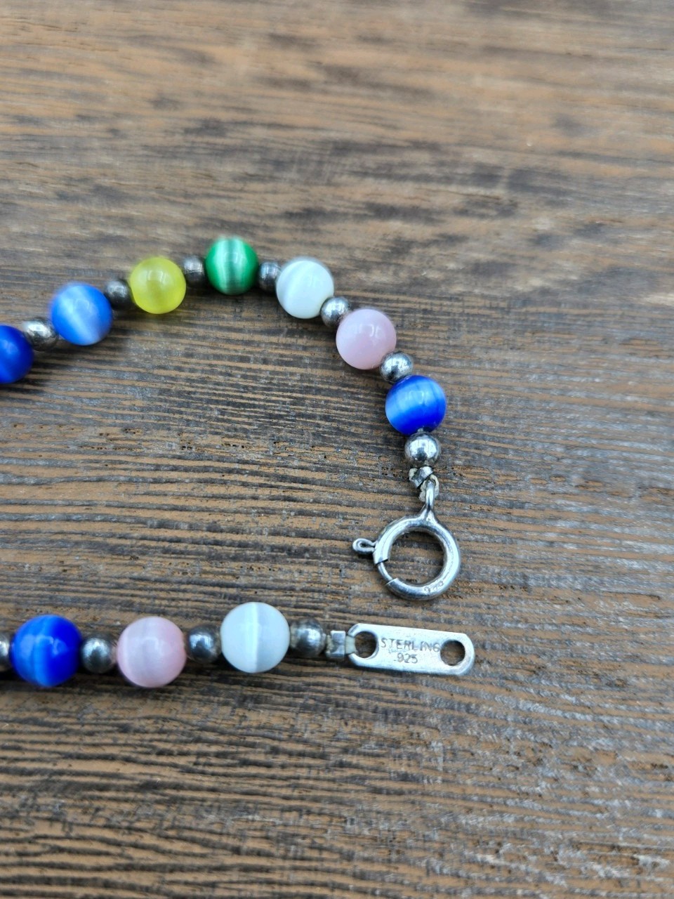 925 Sterling Silver Multicolor Glass Cat Eye Bead Necklace 18″ and Bracelet 7.5″