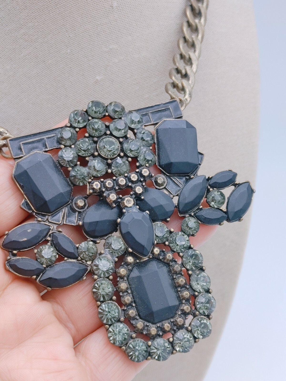 Vintage Statement Black Brown Gray Tone Necklace