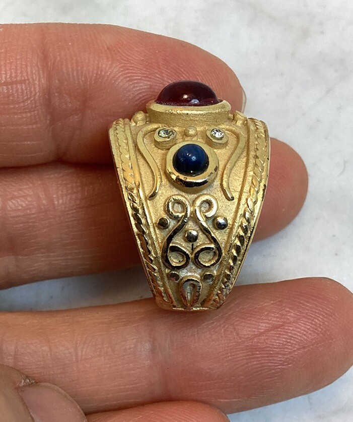 Vintage Gold Plated Byzantine Greek Faux Ruby Sapphire Peridot Ring Size 7