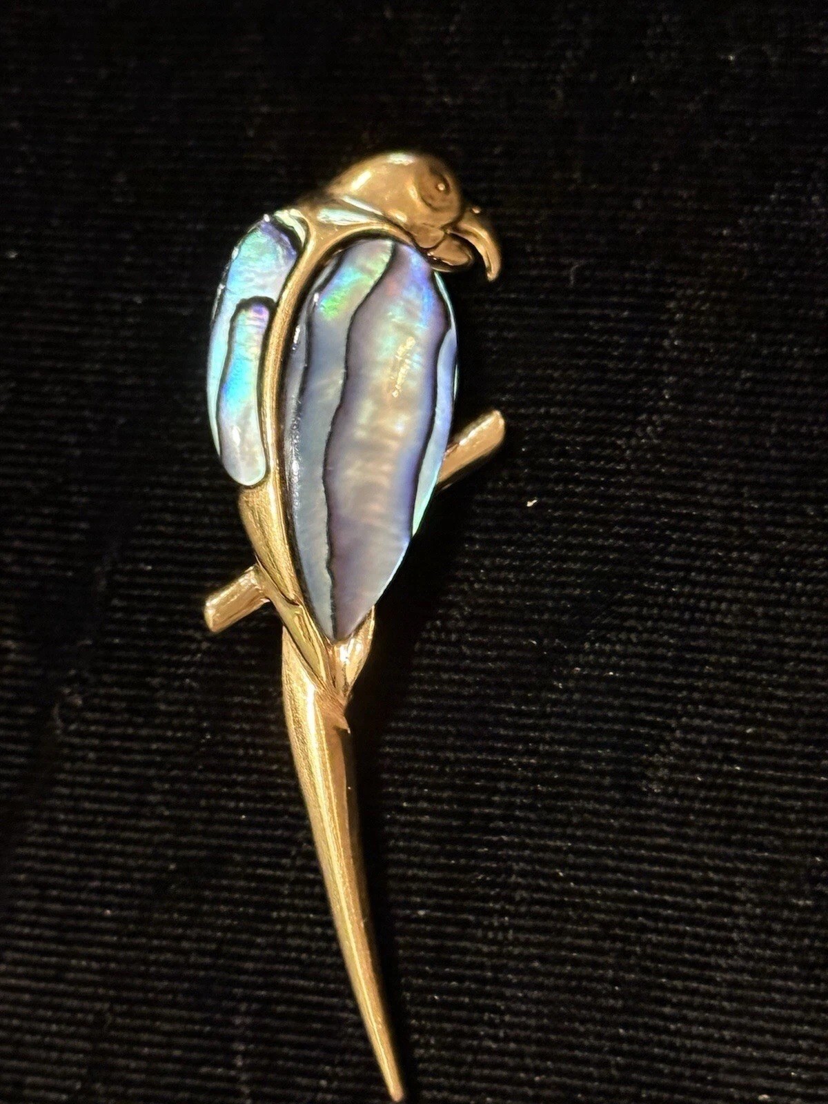 New Zealand Paua Shell Blue Abalone Gold Tone Parrot Bird Brooch Pin 2.25”x1” 9g