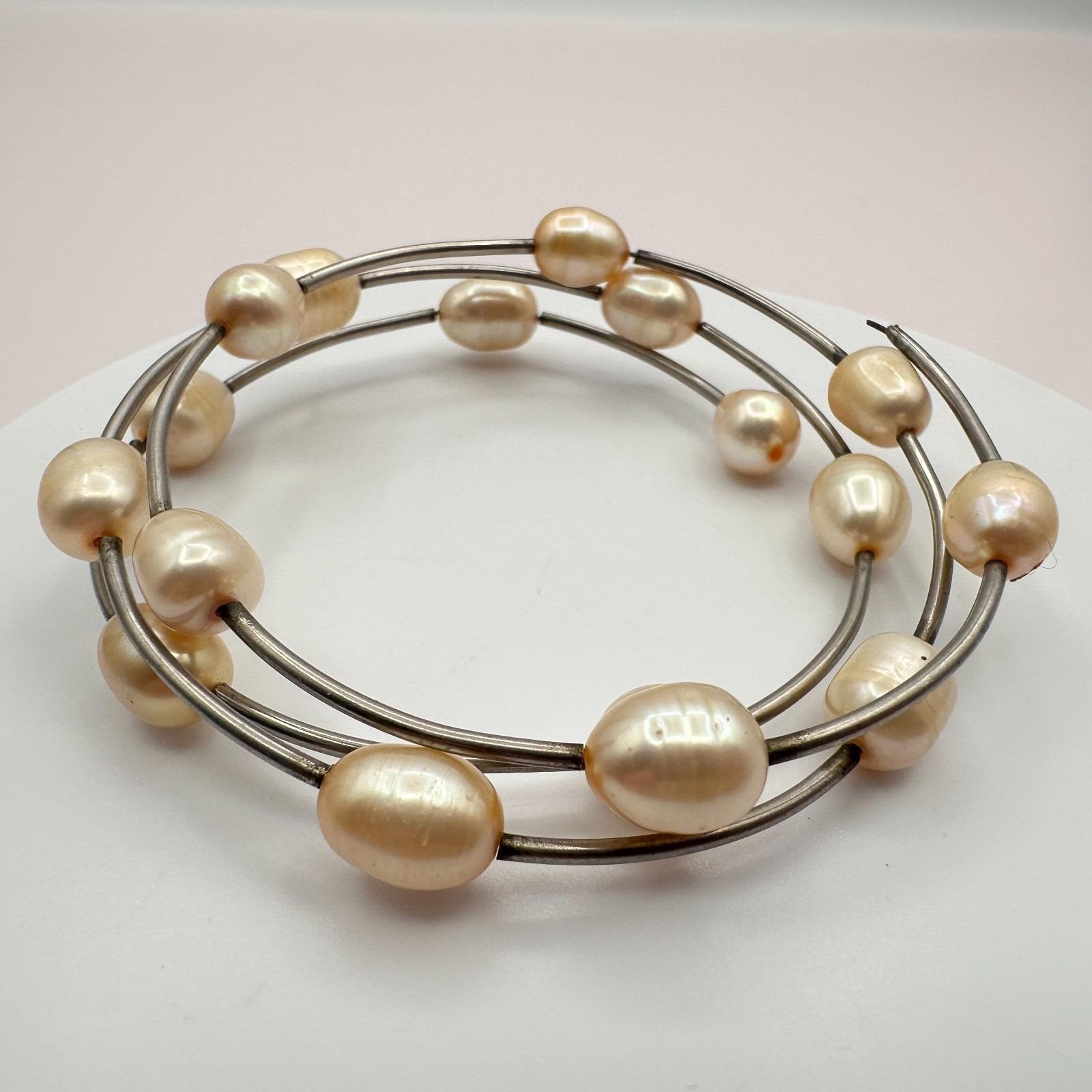 Vintage 90s Multi Strand Pearl Coil Wrap Bracelet Silver Tone Women’s Jewelry