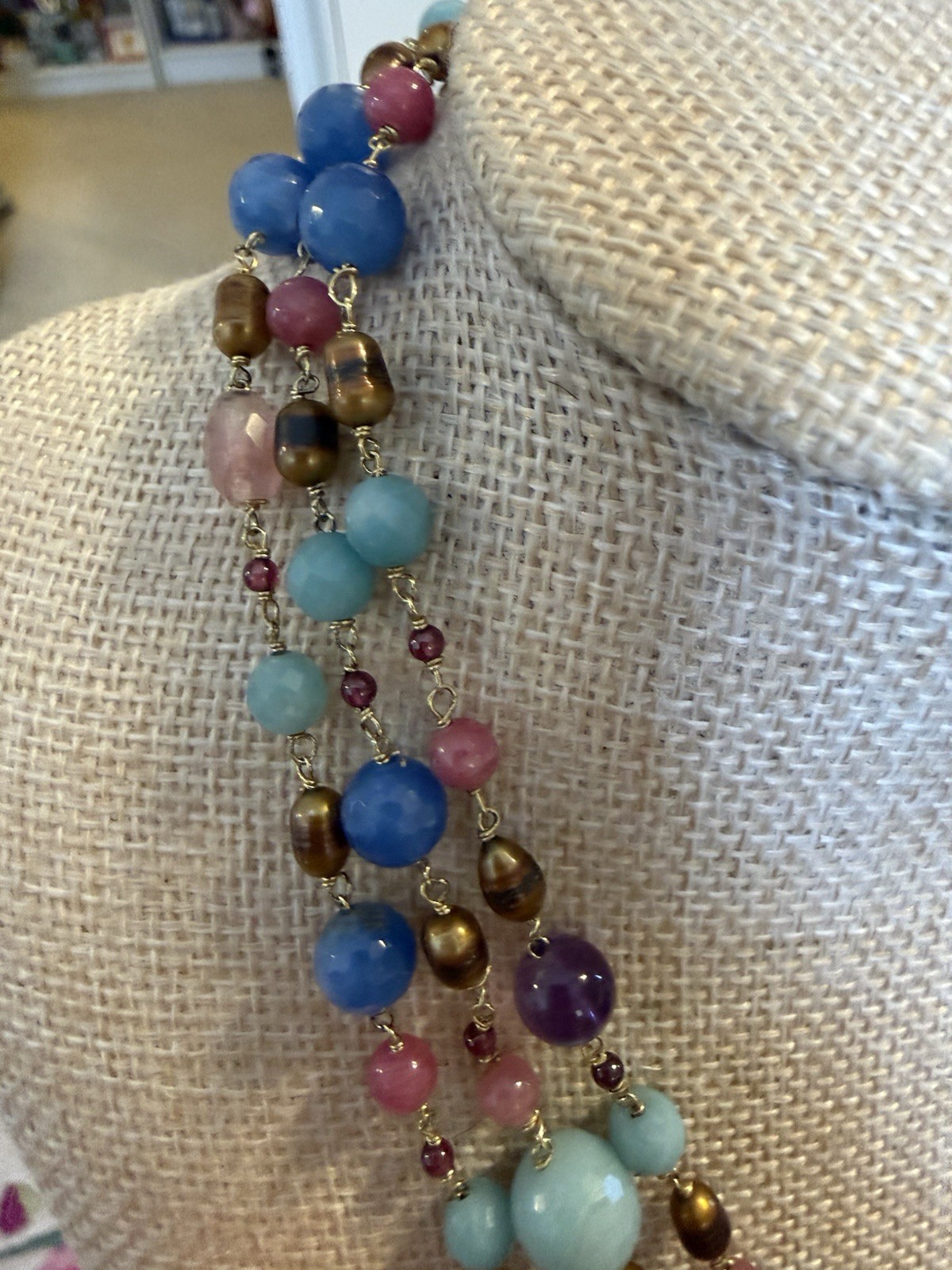 Beautiful Vintage Blue And Purple Beaded Necklace Three Layers Gold Hook Clasp