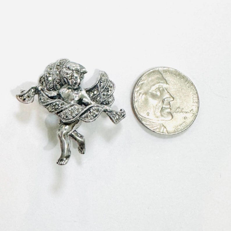 Solid 925 Sterling Silver Natural Marcasite Guardian Angel Pin Brooch Vintage