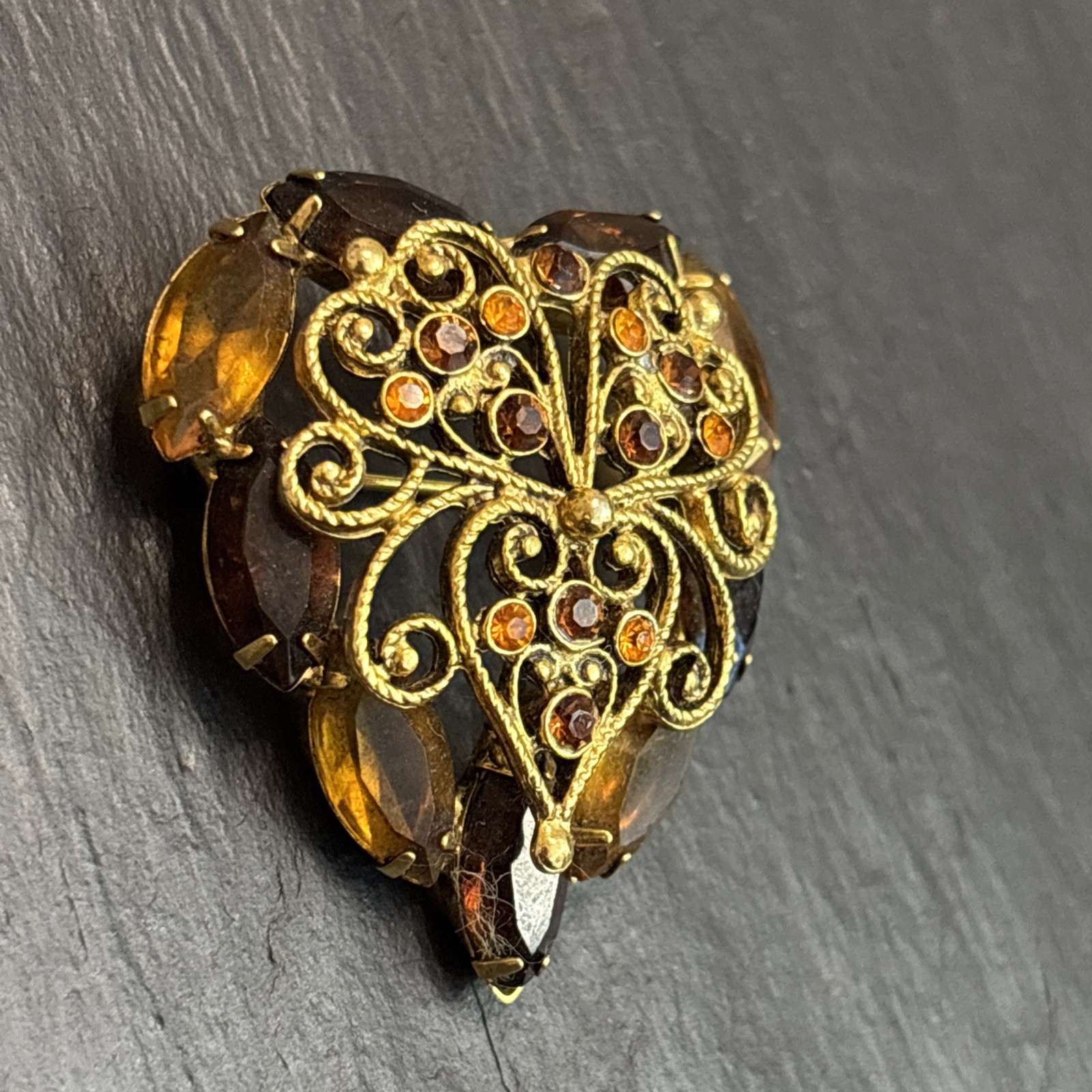 Juliana Delizza Elster Vintage Fall Heart Design Brooch Glass Gold Plated 5c