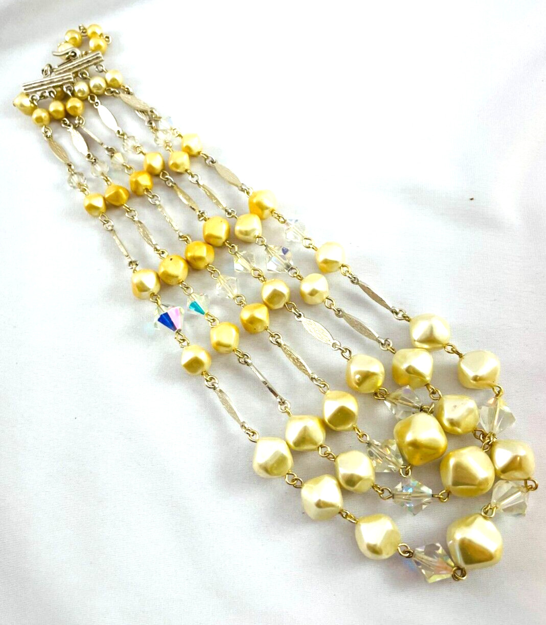 Vtg Multi Strand Faux Pearl Bicone Crystal Silver Tone Necklace Japan