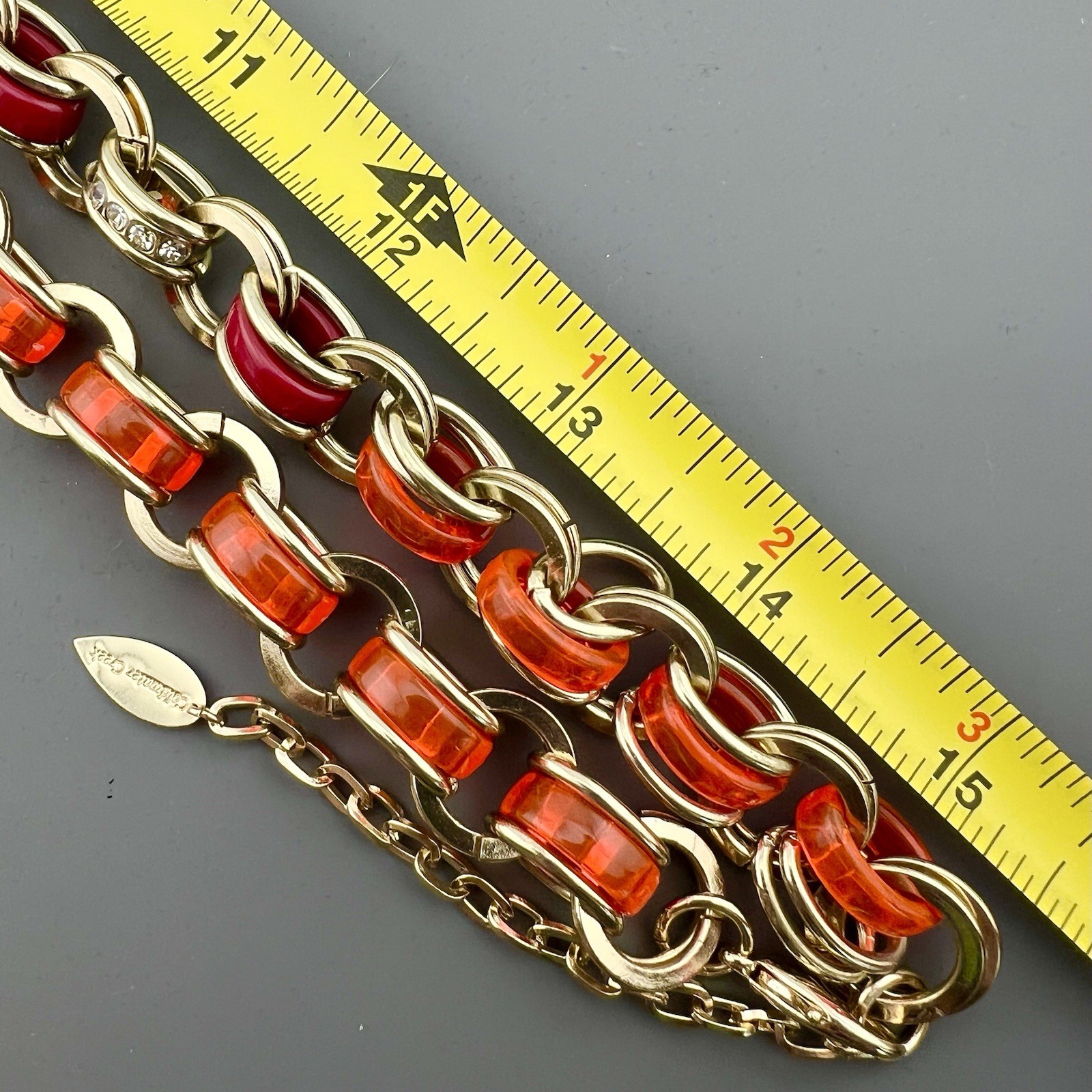 Coldwater Creek Necklace Bracelet Set Lucite Rhinestone Orange Gold Tone Signed