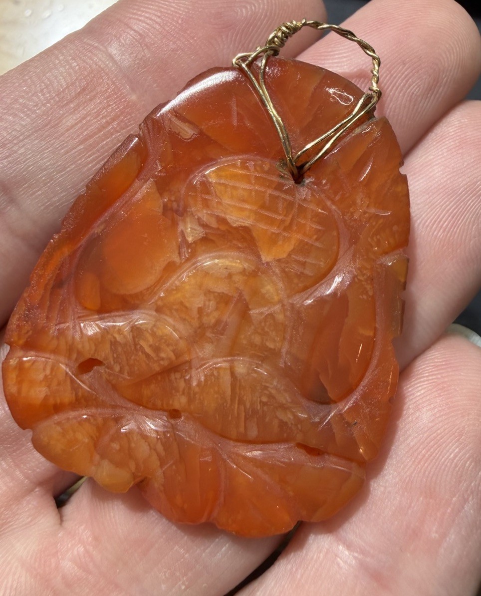 Vintage Carved Carnelian Stone Pendant 10k Solid Gold Wire Bail Old Repair