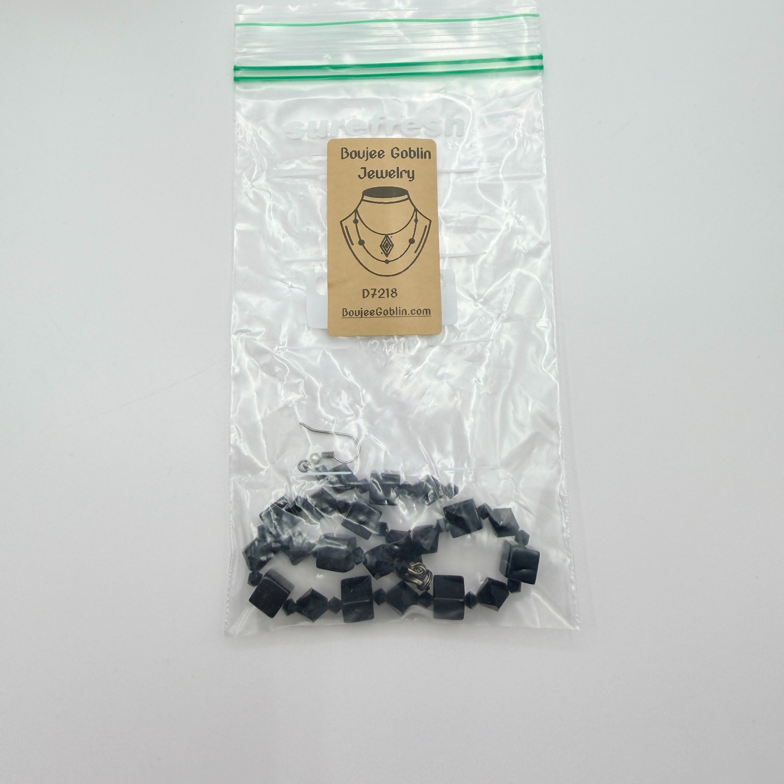 Vintage Black Beaded Bracelet Dangle Earrings Set Gunmetal Tone Geometric Goth