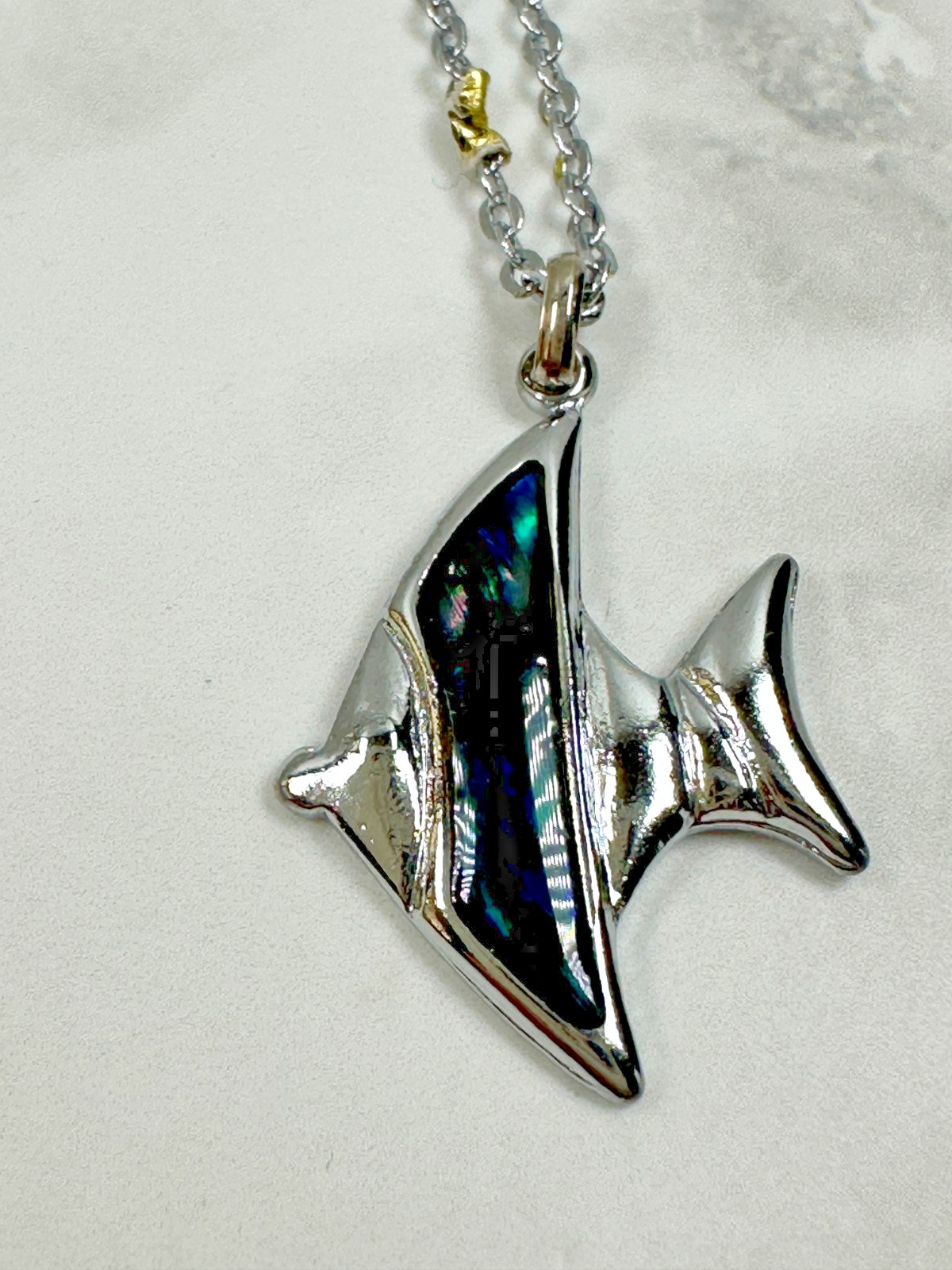 Blue Paua Abalone Shell Angel Fish Pendant Necklace – Silver Tone – 18″