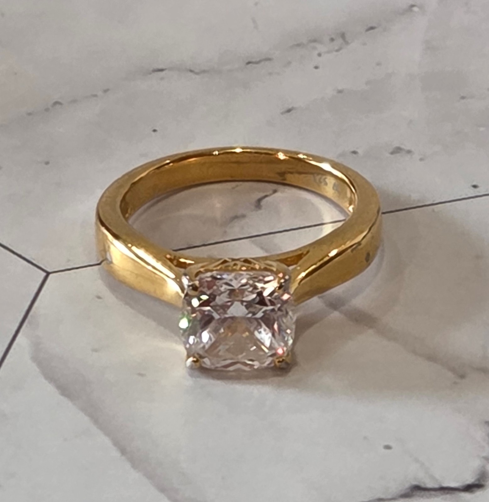 VINTAGE 925 Silver signed W Cushion Cut CZ Solitaire Gold Engagement Ring sz 5