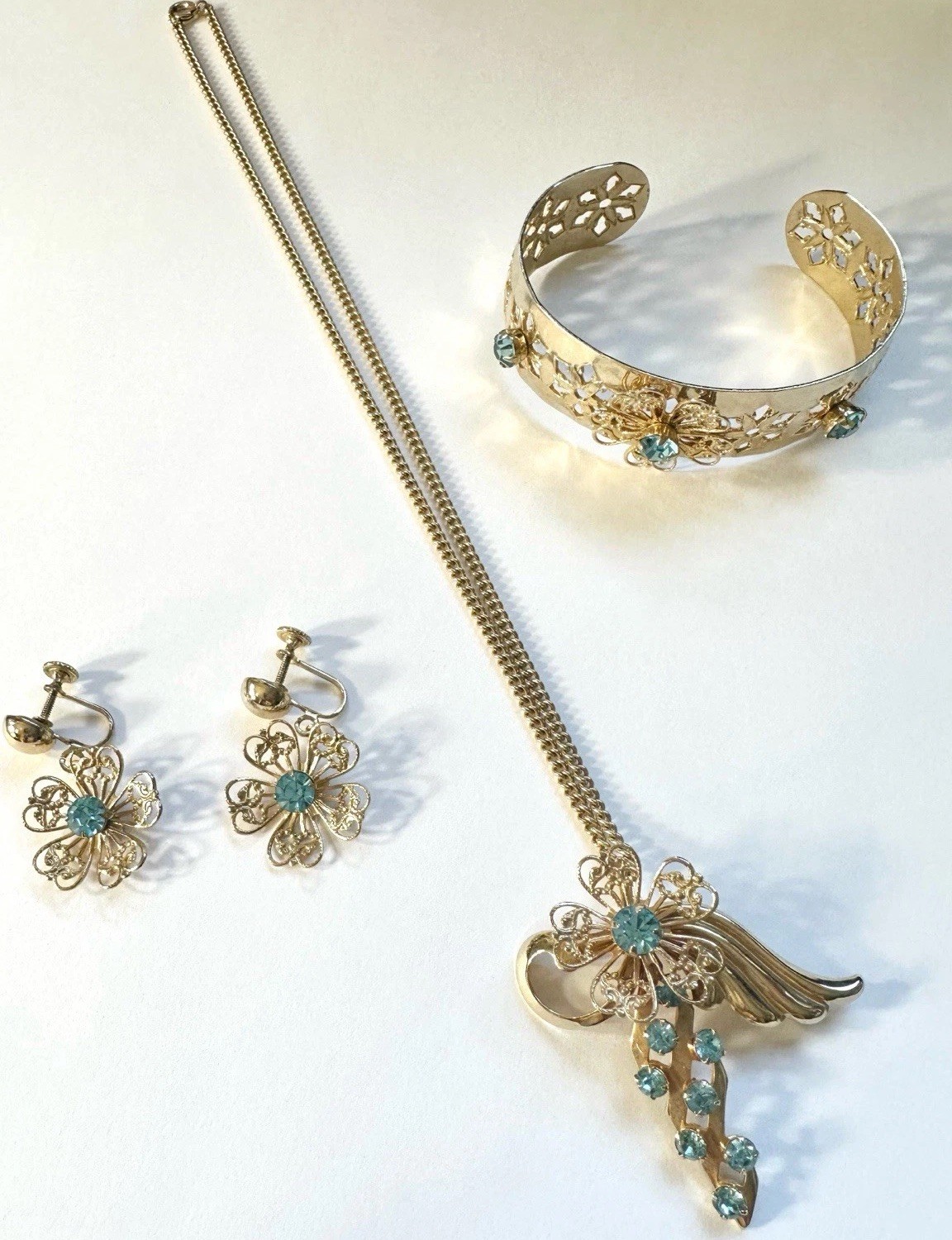 Vintage Set Rhinestone Brooch Pendant Blue Glass Prong Cuff Chain Clip Earrings