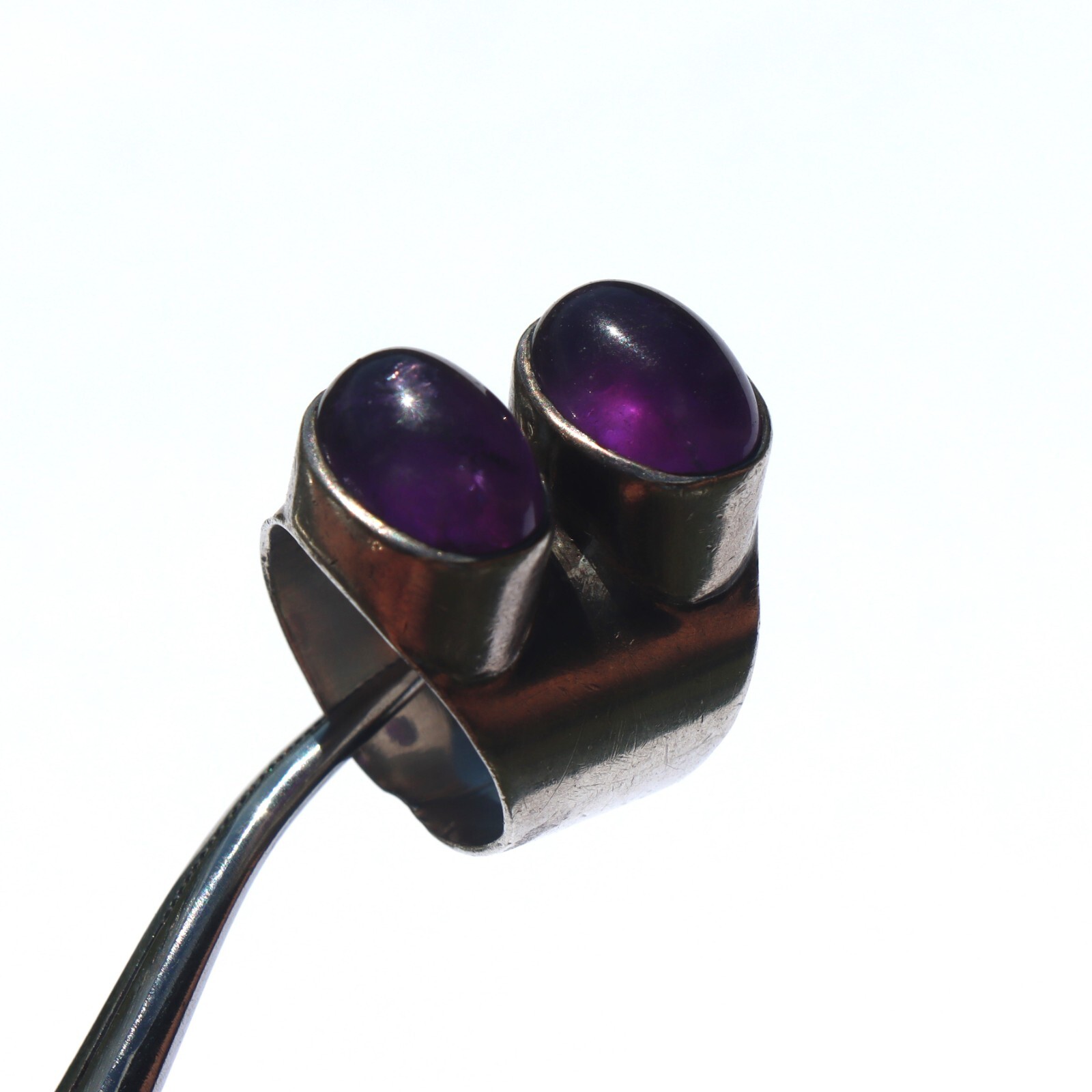 Estate Contemporary Sterling Silver Double Amethyst Statement Right Hand Ring sz
