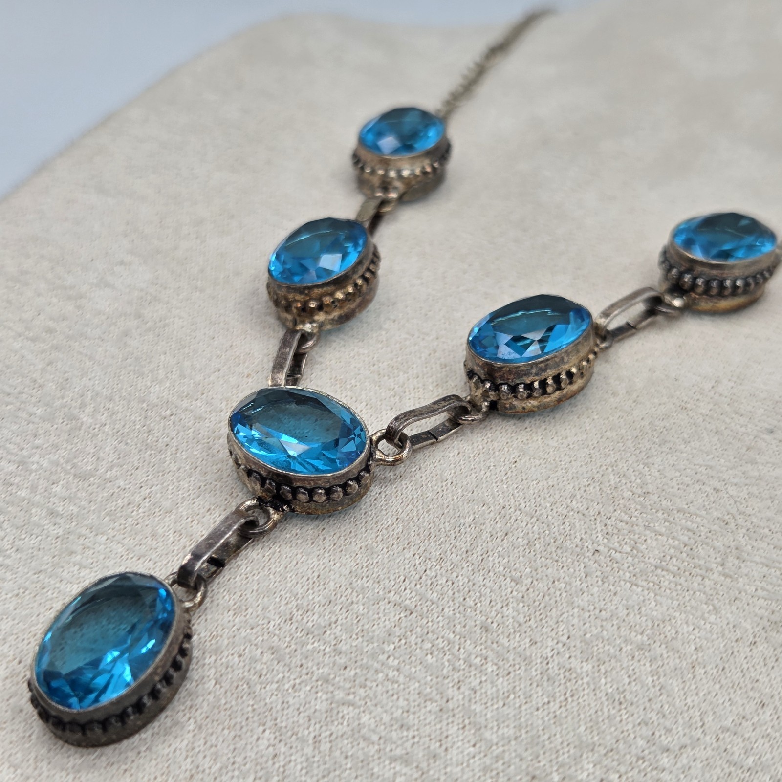 Stunning Vtg 925 Sterling Silver Blue Glass Festoon Y-Necklace 20″+ 1.5″ Drop