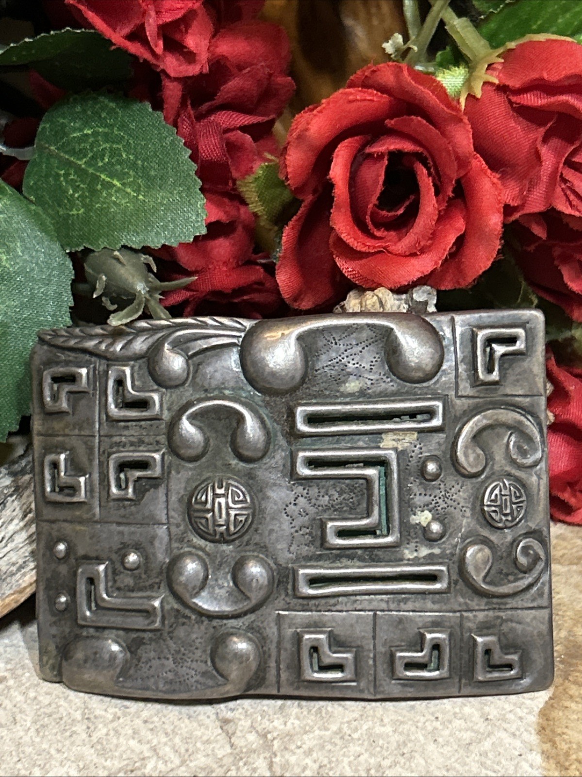 39. Old CHIN SUNG Silver Tribal Repousse Shadow Box Rectangle Pin 67 x 50mm