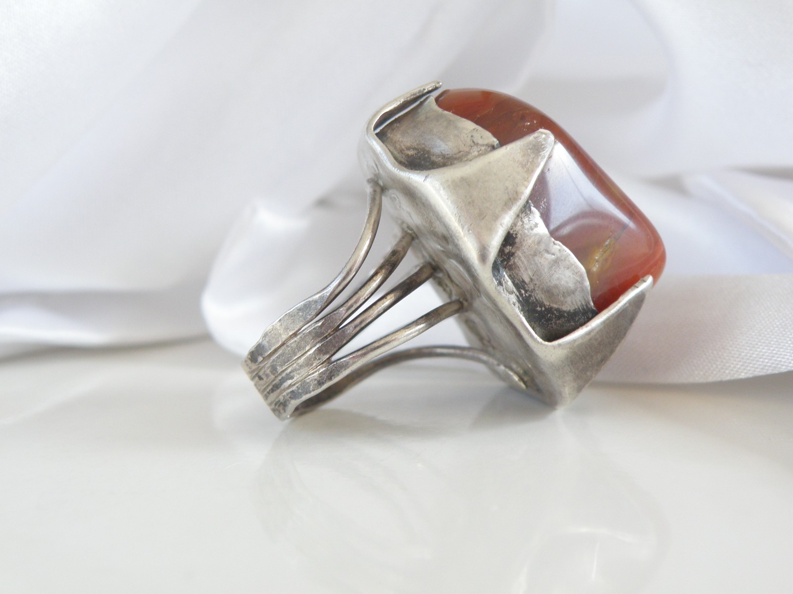 Vintage Sterling Silver 925 Banded Agate Brutalist Modernist Statement Ring 7