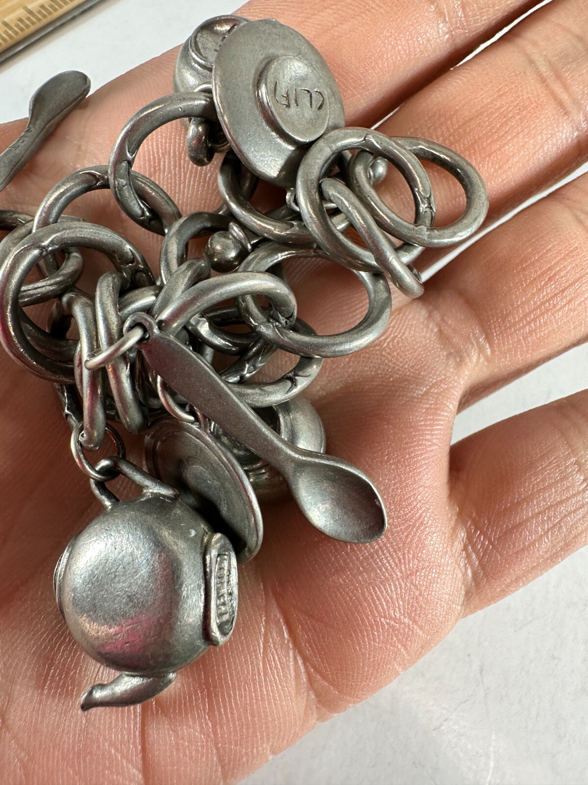 Vintage Bracelet Charm Clift Pewter Teapot Kitchen Tea time Theme Toggle Clasp