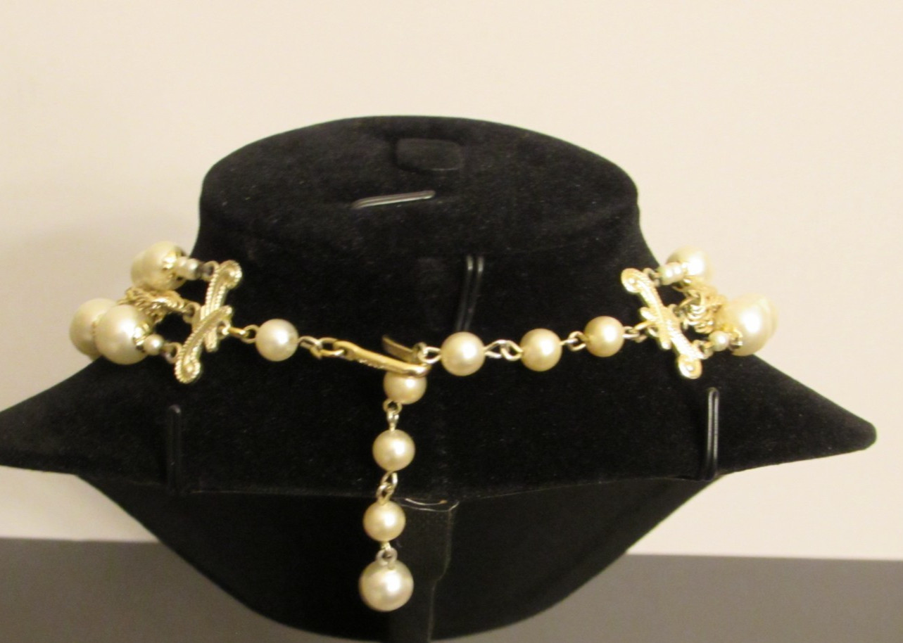 Multi Strand Choker with Faux Pearl Beads and Silver Tone Chains