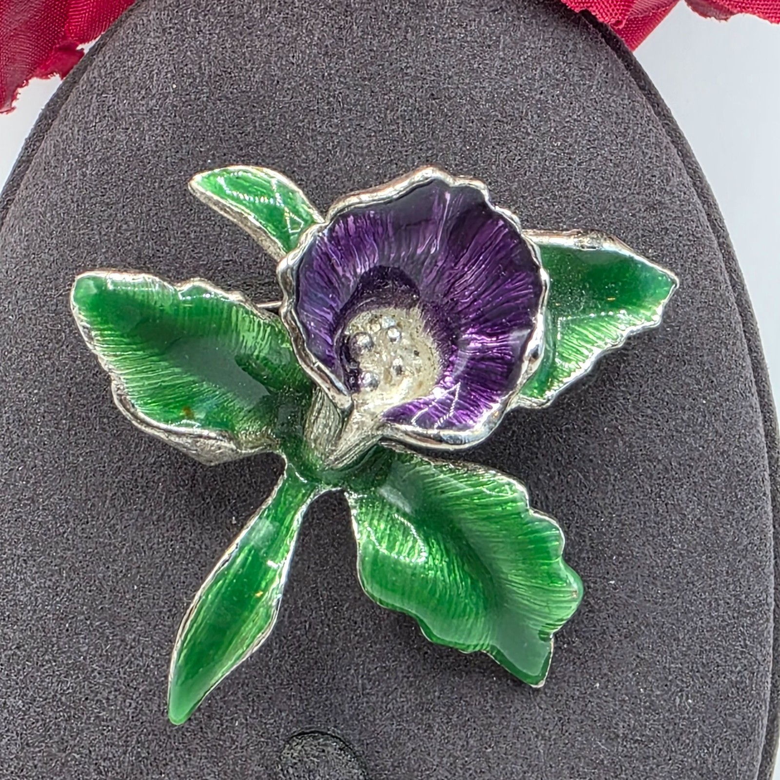 Vintage Enamel Orchid Brooch Silver Tone Floral Pin Purple Green Rhinestone