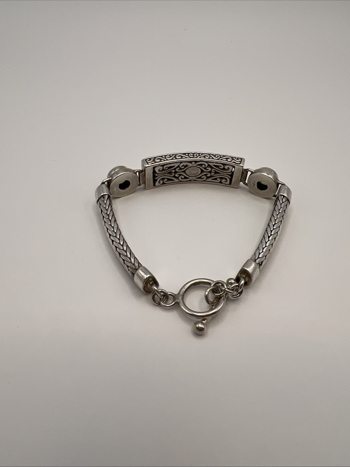 Bali Sterling Silver Peridot Bracelet 7” Handcrafted Balinese Scrollwork Artisan