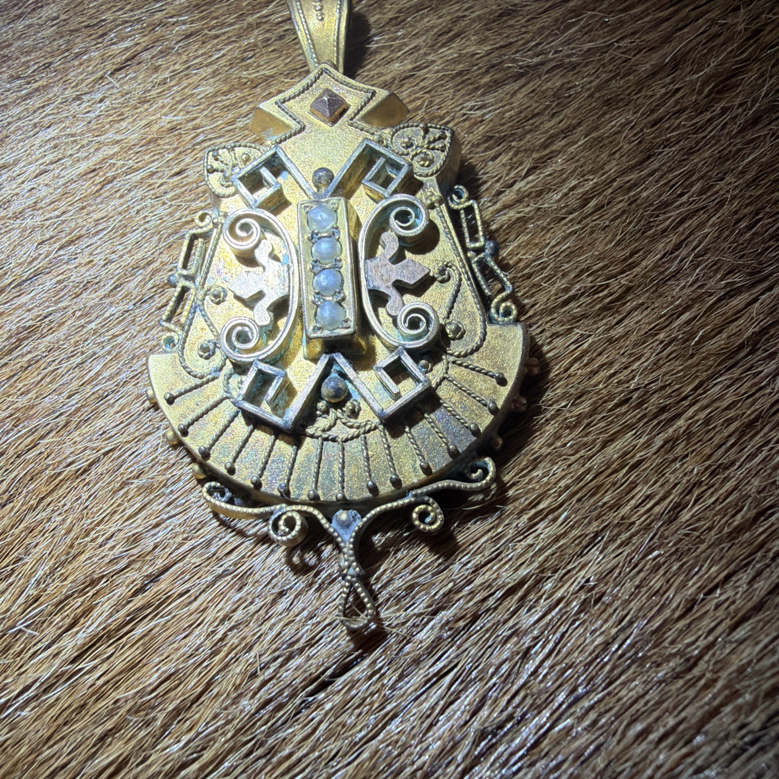 Vintage Late 1800’s Victorian Gold plated seed Pearl Etruscan Pendant/broach