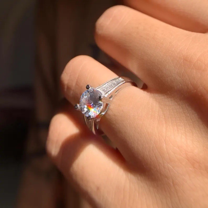 Moissanite Engagement Ring Round 2 Ct Art Deco Pave Band Vintage Bridal Gift