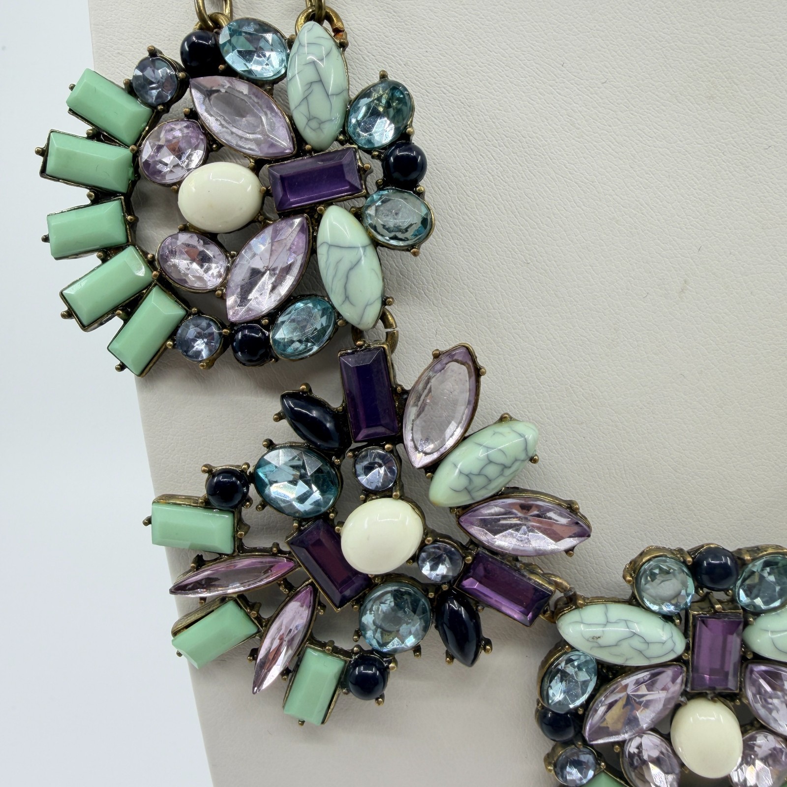 Vintage Brass Tone Rhinestone Mosaic Statement Necklace Cluster Chunky Bib Retro