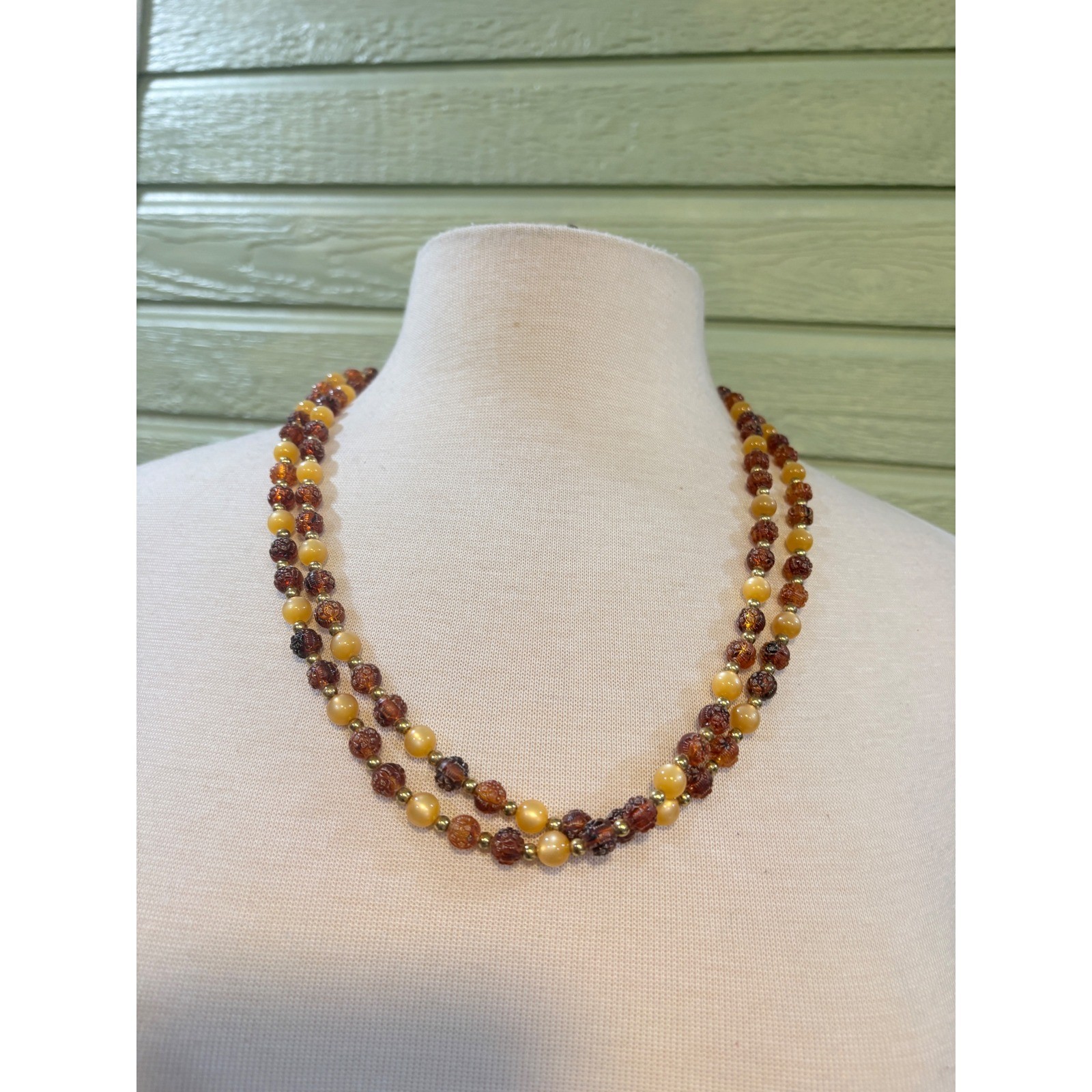 Vintage Yellow Carved Floral Beaded Opera Necklace 50 Inch Long Boho Retro