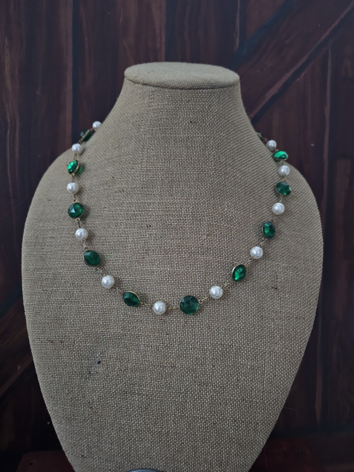 Vtg Green Acrylic Bezel Set Crystal Faux Pearl Goldtone Necklace Screwback Ear
