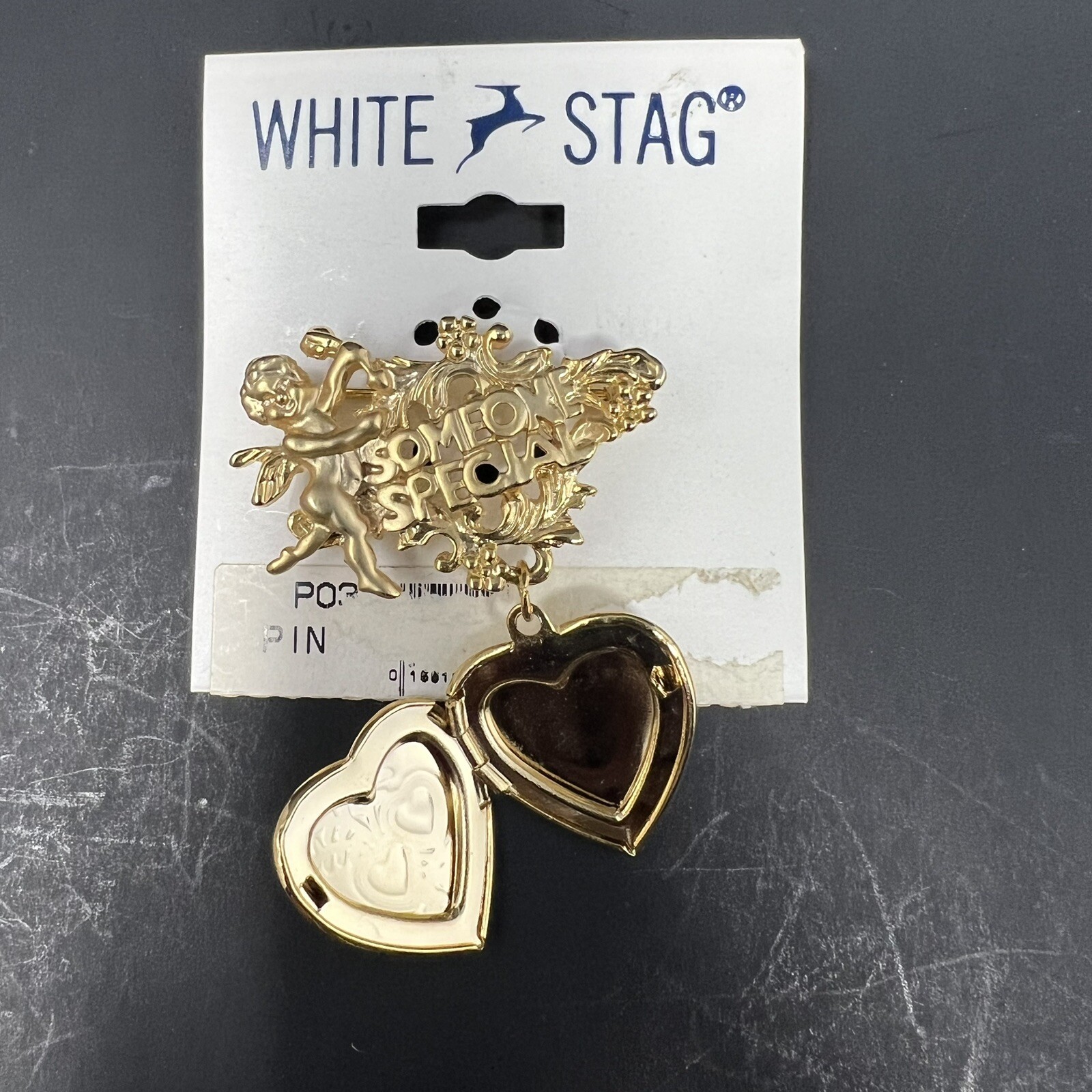 White Stag Pin with Heart Locket Gold Tone Cupid Someone Special