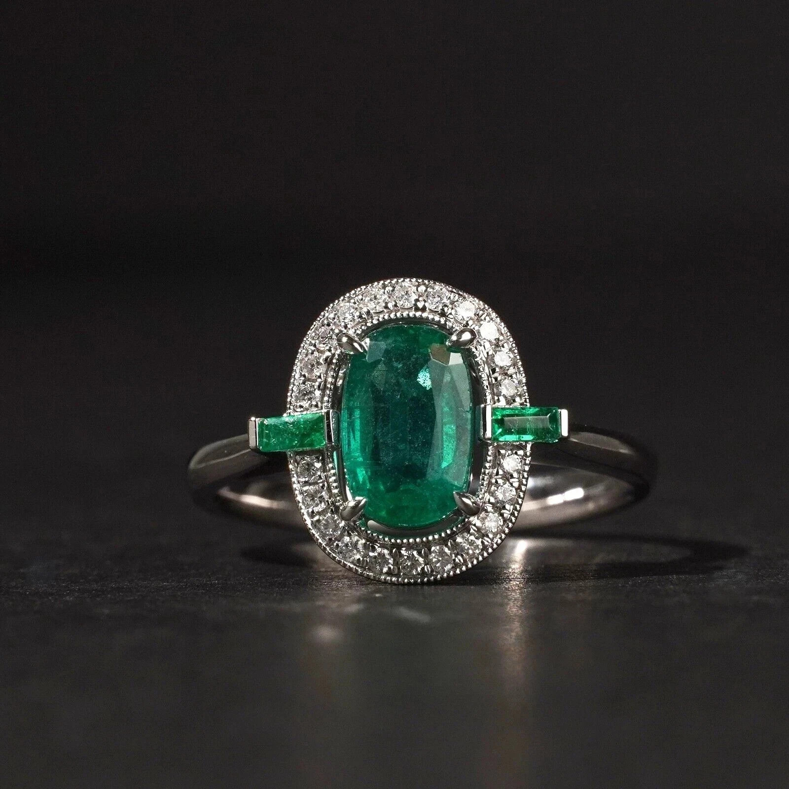 3Ct Art Deco Style Emerald Lab Created Diamond Engagement 14K White Gold FN Ring