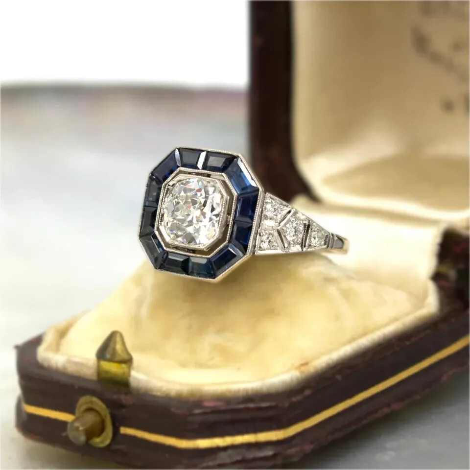 3.0Ct Art Deco Style Lab-Created Diamond Sapphire Halo Bezel Set Ring 925 Silver