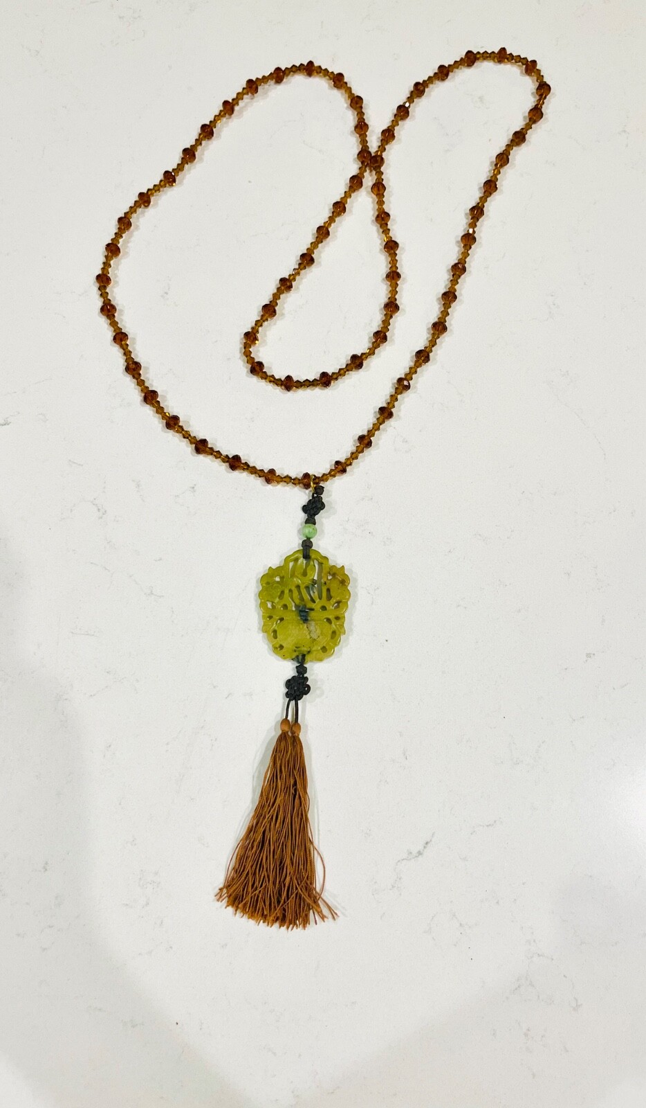 Vintage MCM Jade Pendant Necklace With Amber Glass Beads & Silk Tassel, STUNNING