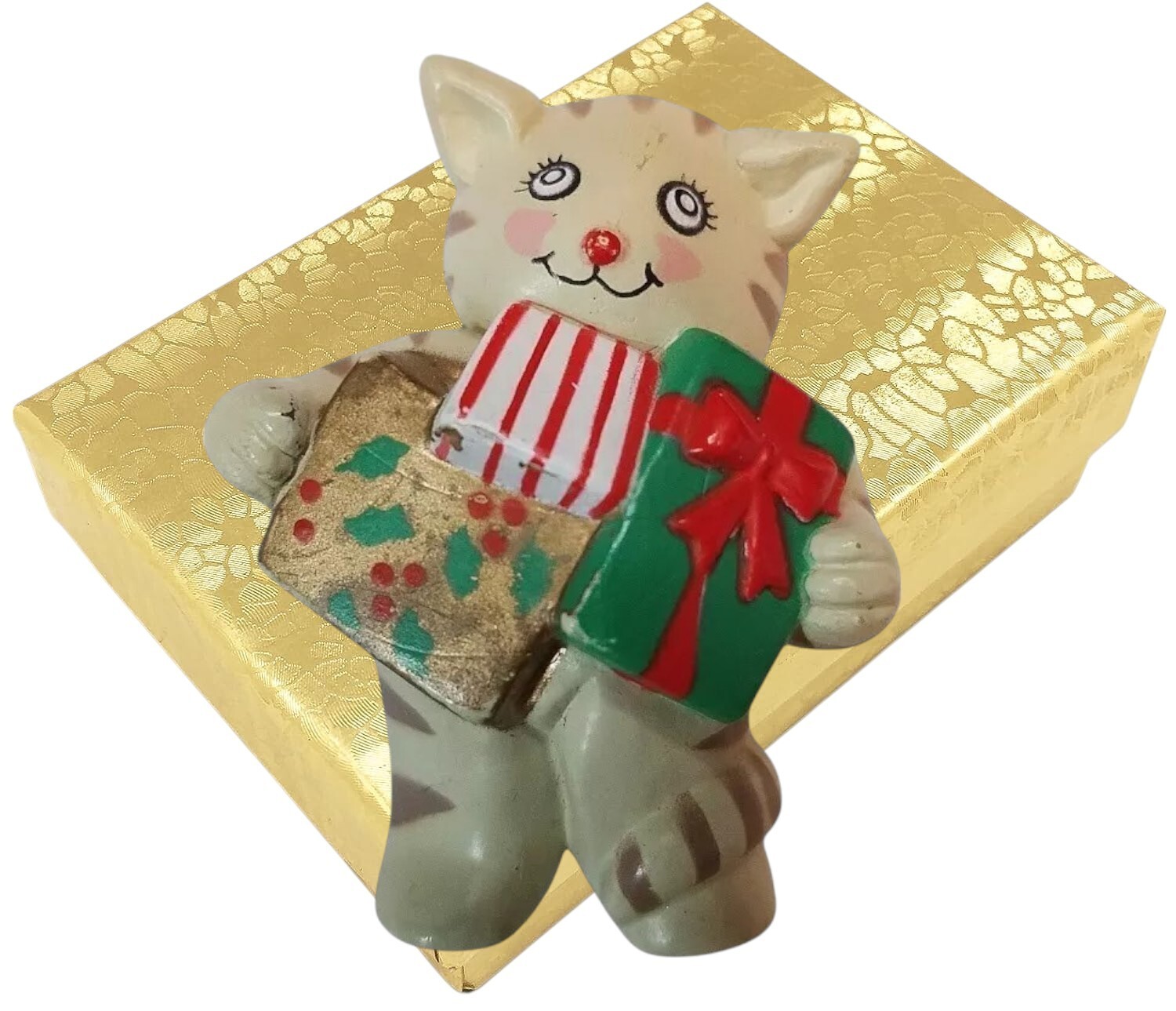 Christmas Pin Brooch 1979 Cat Holding Gifts 7003 S. Lehman Fun World Vintage