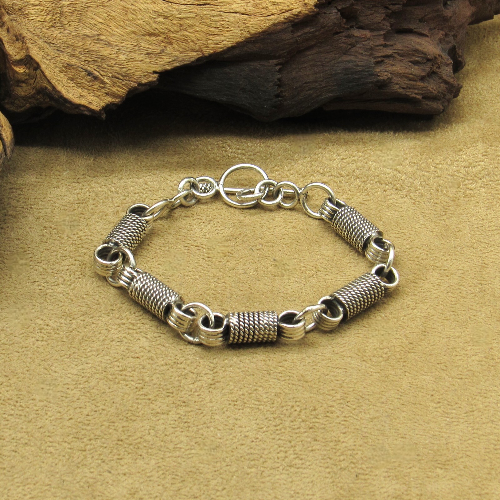 Sterling Silver Wrapped Wire Cylinder Link Bracelet