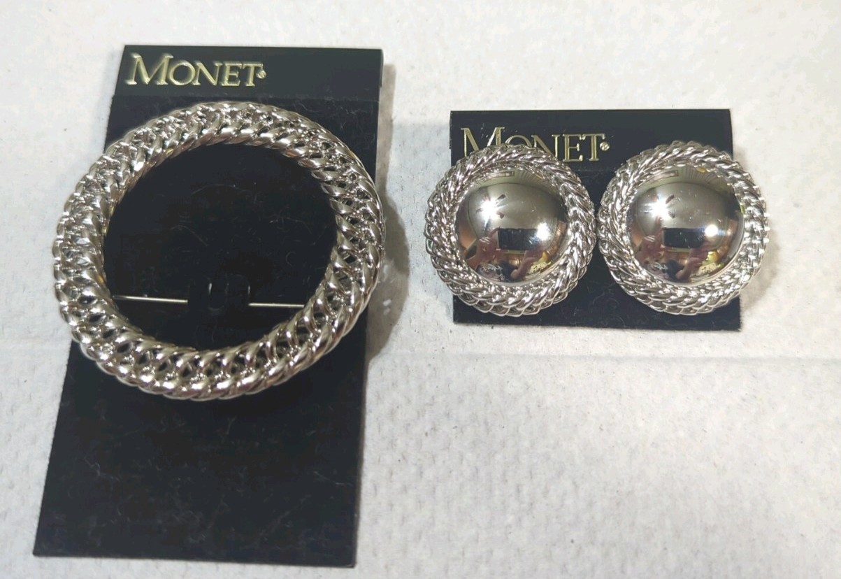 Vintage Monet Silver Tone Circle Chain Brooch Pin And Matching Earrings Inv #7