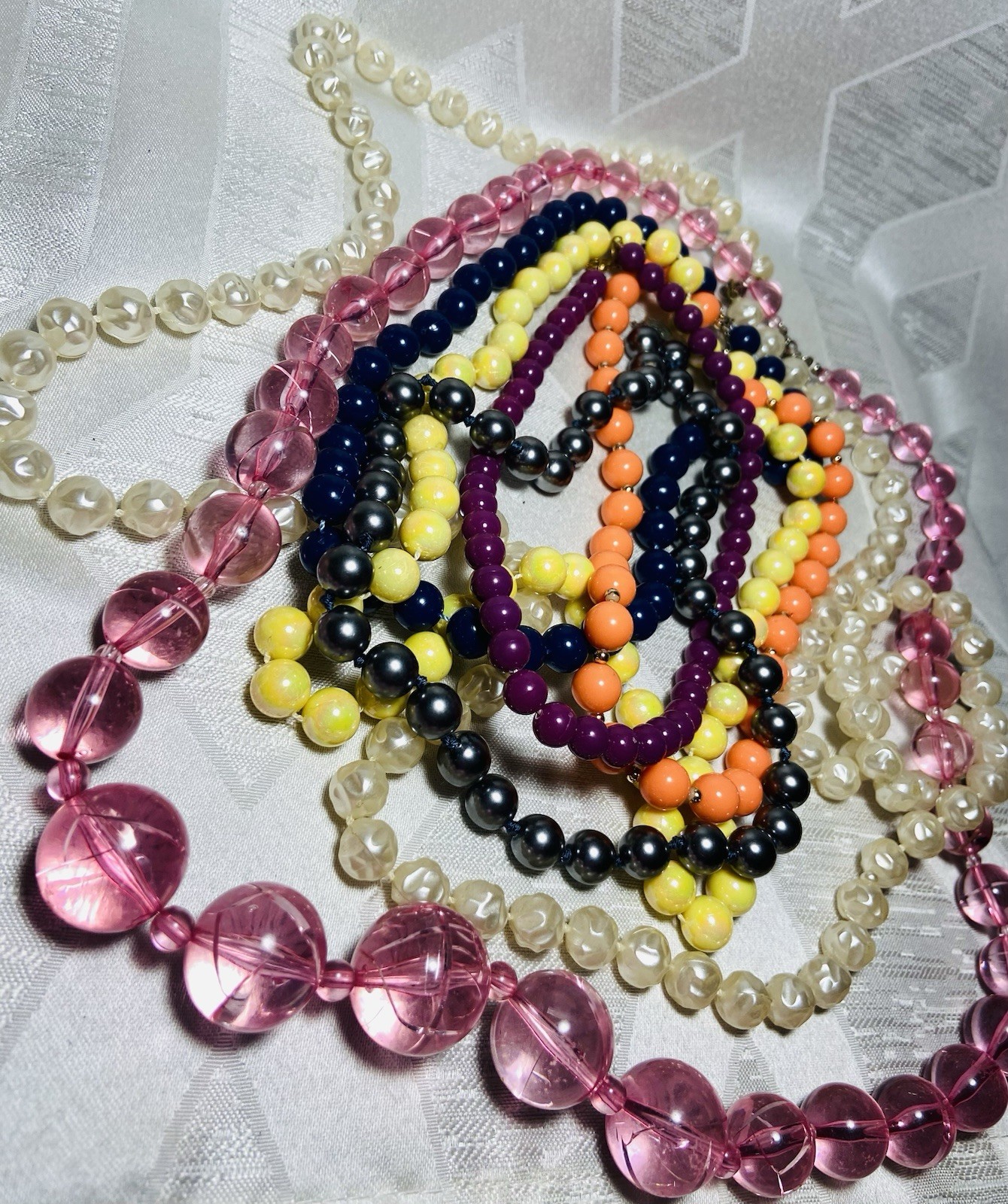 Lot Of 7 Vintage Beaded Necklaces Colorful Retro Lucite & More Statement Jewlery