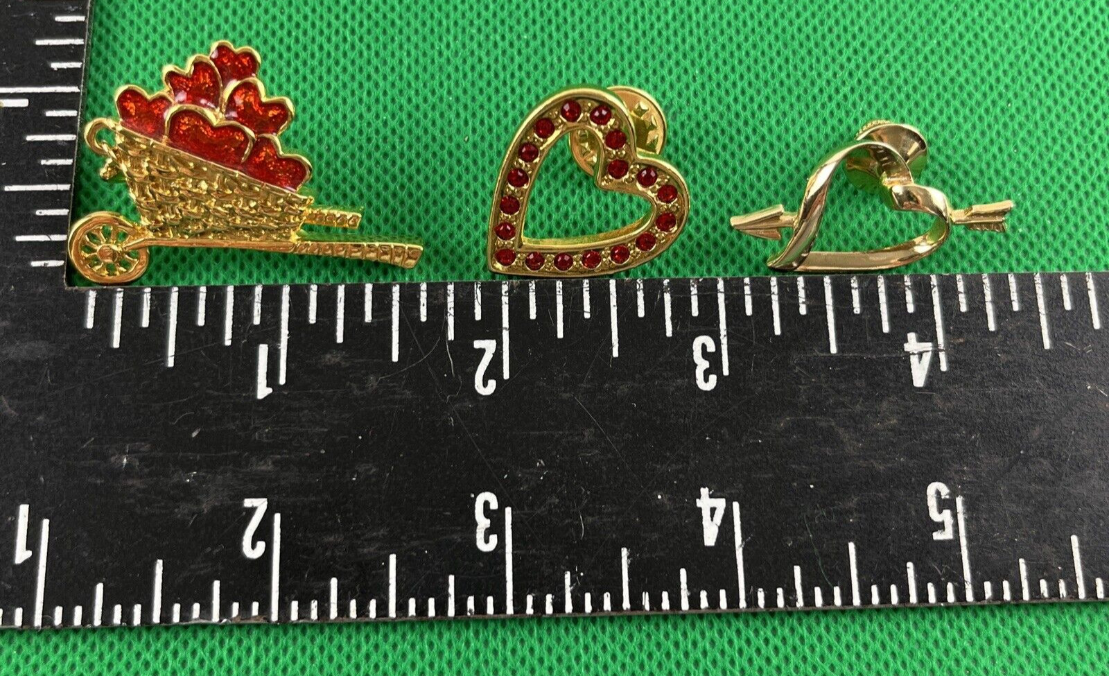 3 Vtg Avon Gold Tone Pins 2 Hearts 1 Wheelbarrow Enameled Gardner Of Love Hearts
