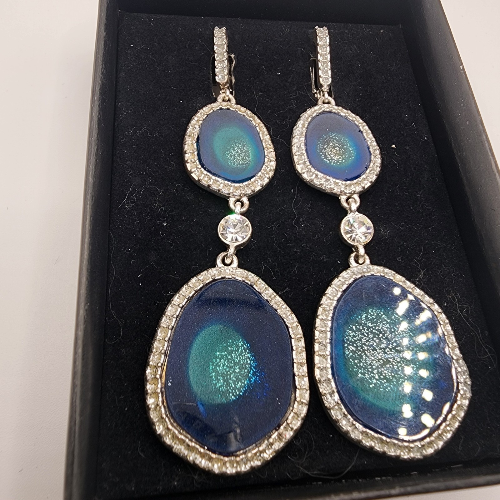 Vintage Silver Tone With Gems Women’s Earrings Geode Slices Stones Dangle Blue!